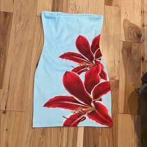 Floral Strapless Midi Dress - Red and Blue